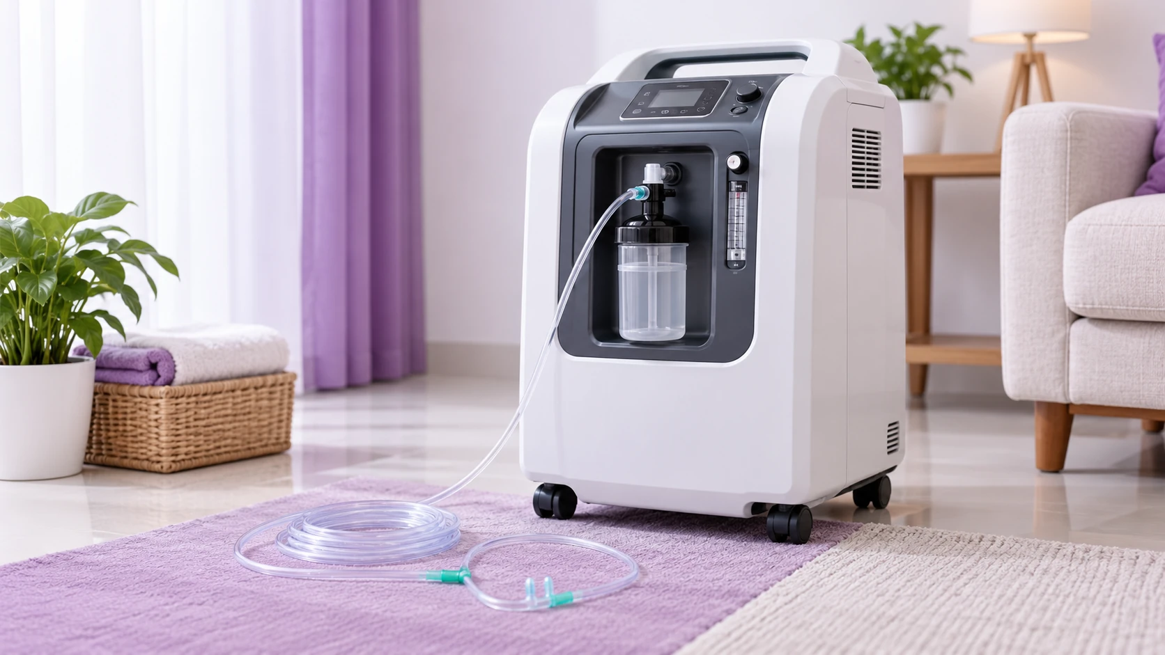 Home oxygen concentrator machine with oxygen tubing