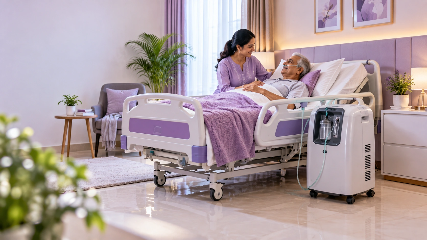 Medical equipment setup at home with oxygen concentrator and hospital bed