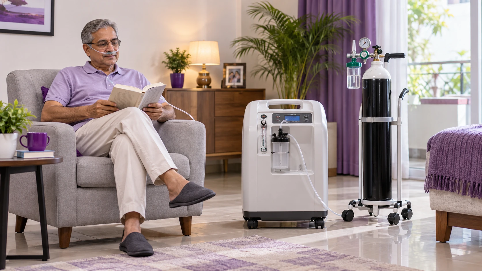 Oxygen concentrator with backup oxygen cylinder for home oxygen therapy during a power cut