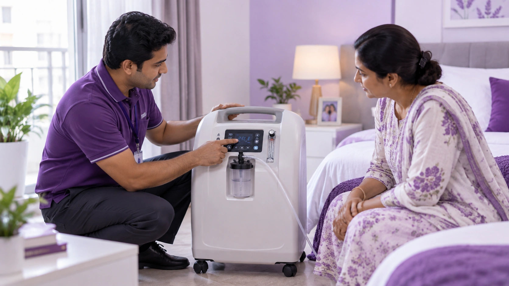 Family caregiver learning how to use medical equipment at home