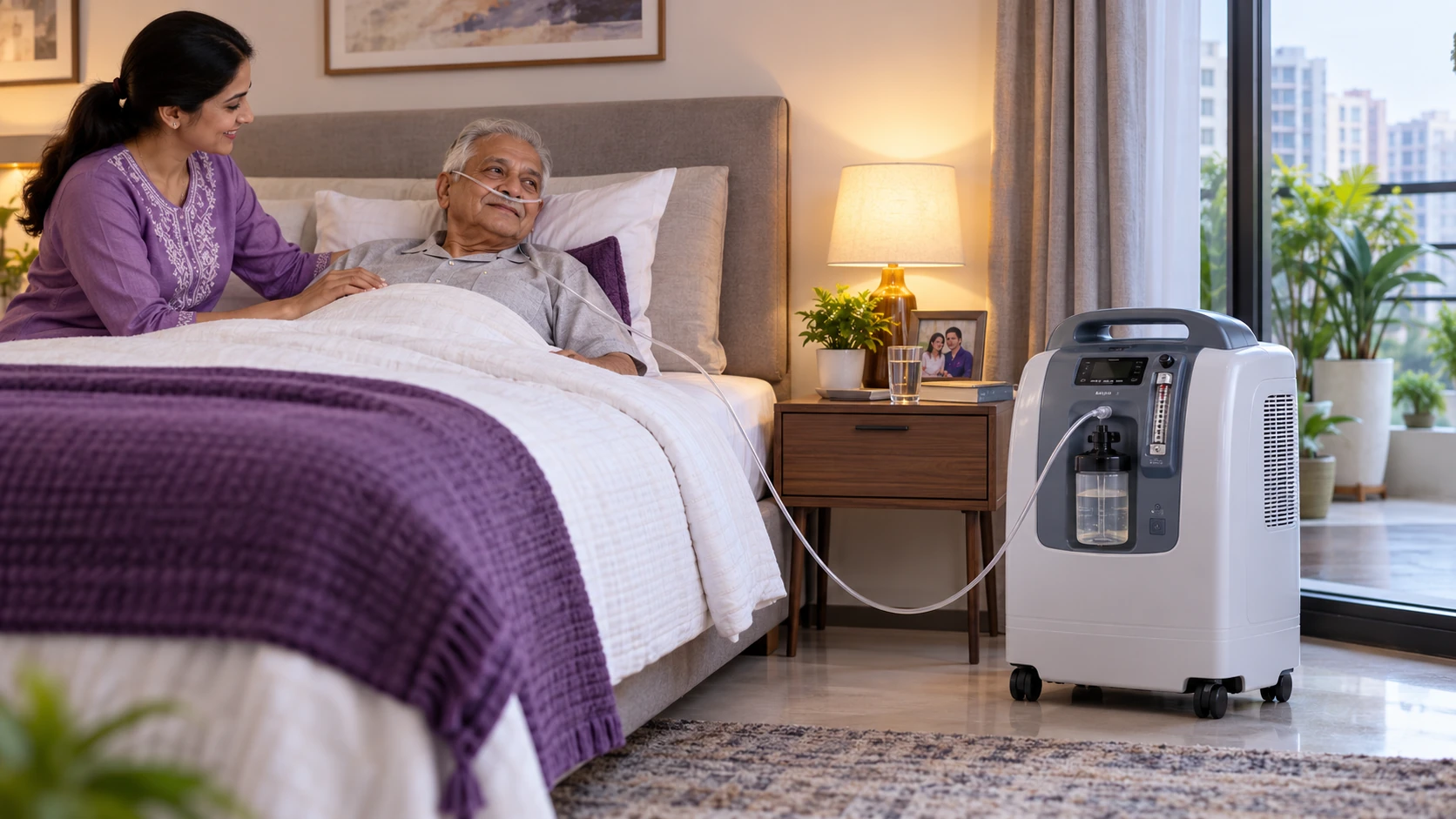 Oxygen concentrator positioned safely for home oxygen therapy