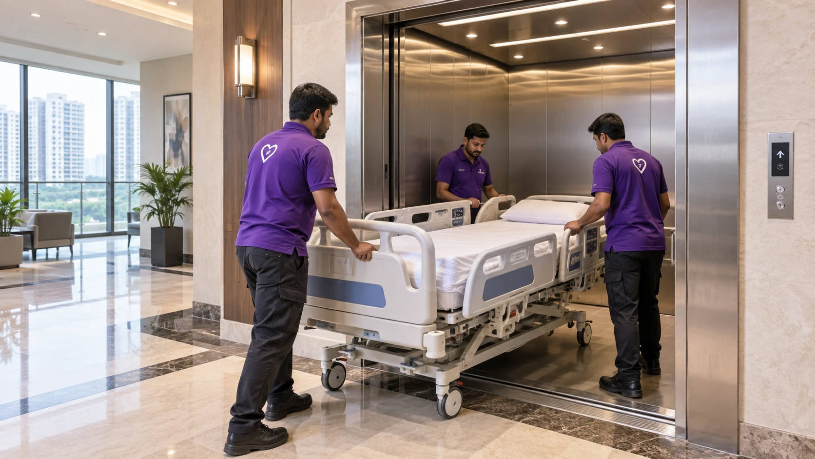 Medical equipment being transported through an apartment lift