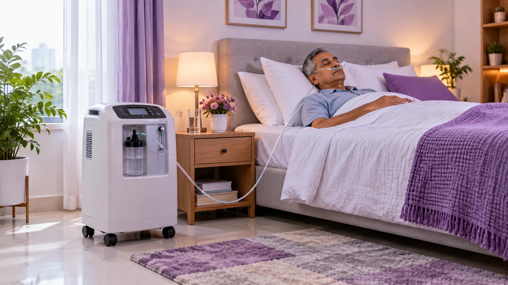 Oxygen concentrator correctly positioned in a home bedroom