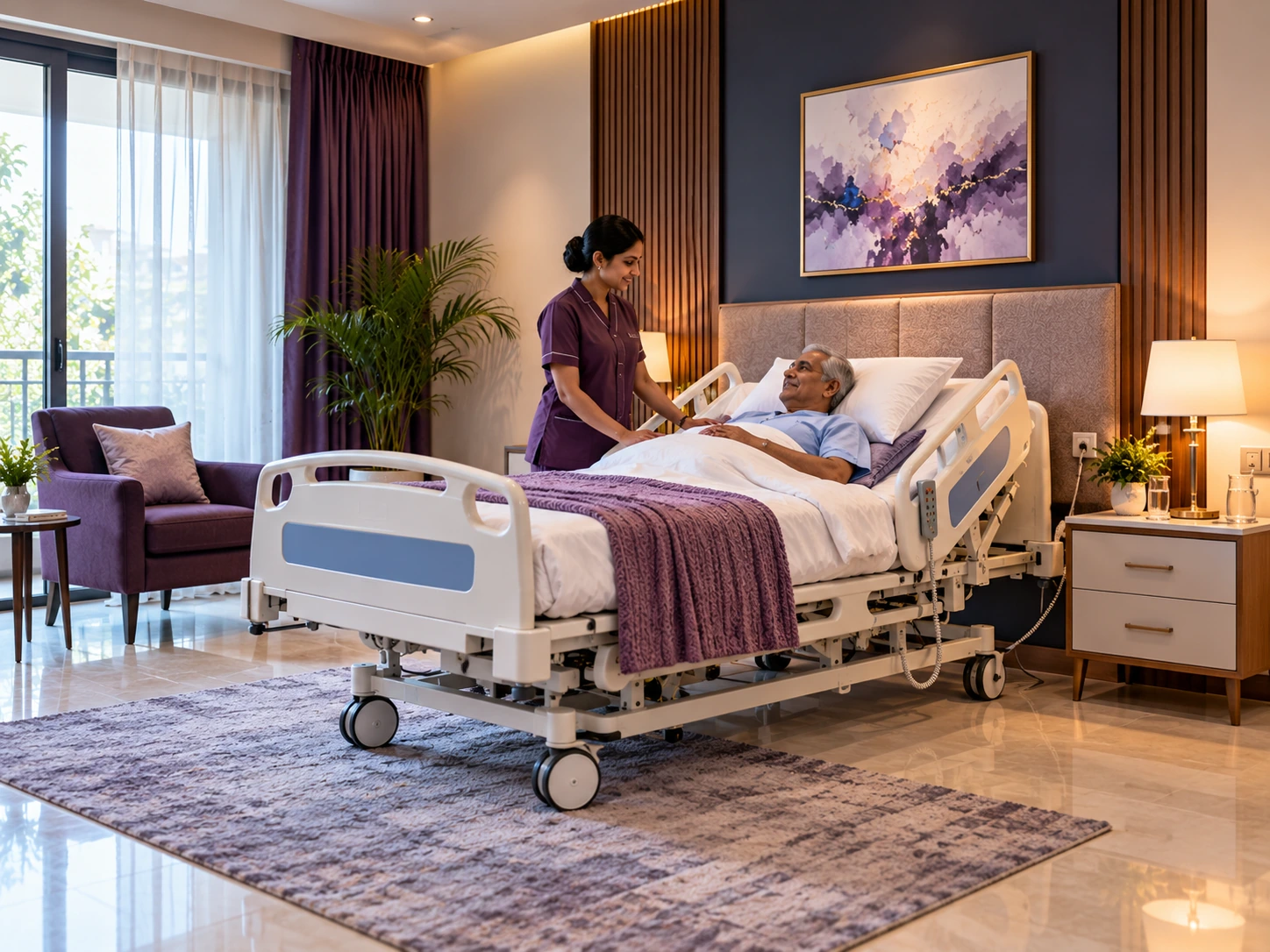 Hospital bed properly installed in Indian bedroom