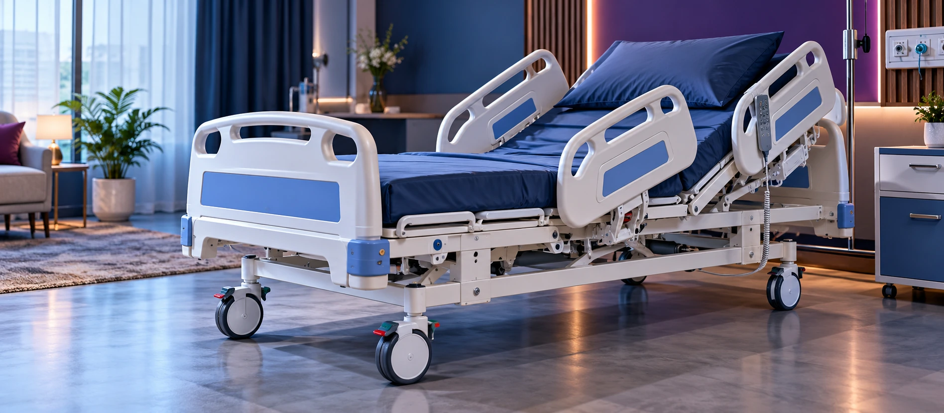 Hospital bed side rails wheels brakes mattress and control handset