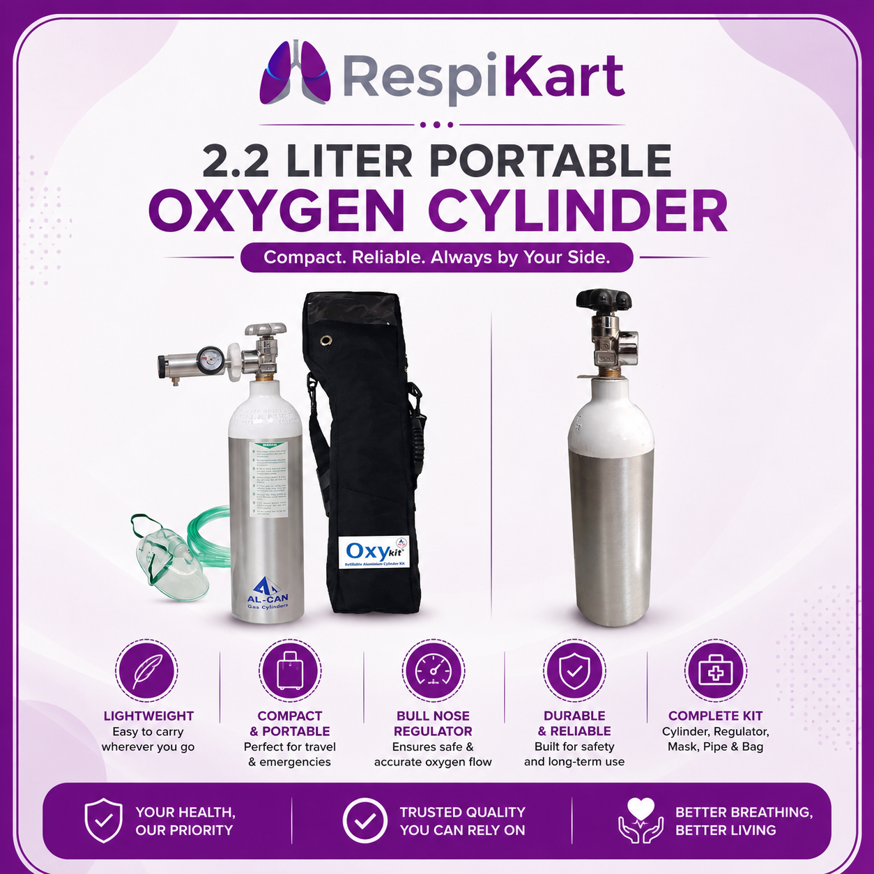 2.2L Aluminium Portable Oxygen Cylinder(330L capacity) - Image 4