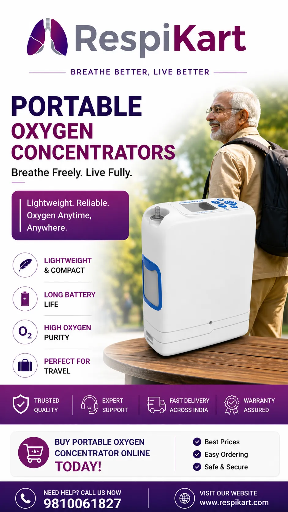Portable Oxygen Concentrator in Delhi NCR starting 85000 lightweight travel oxygen machine