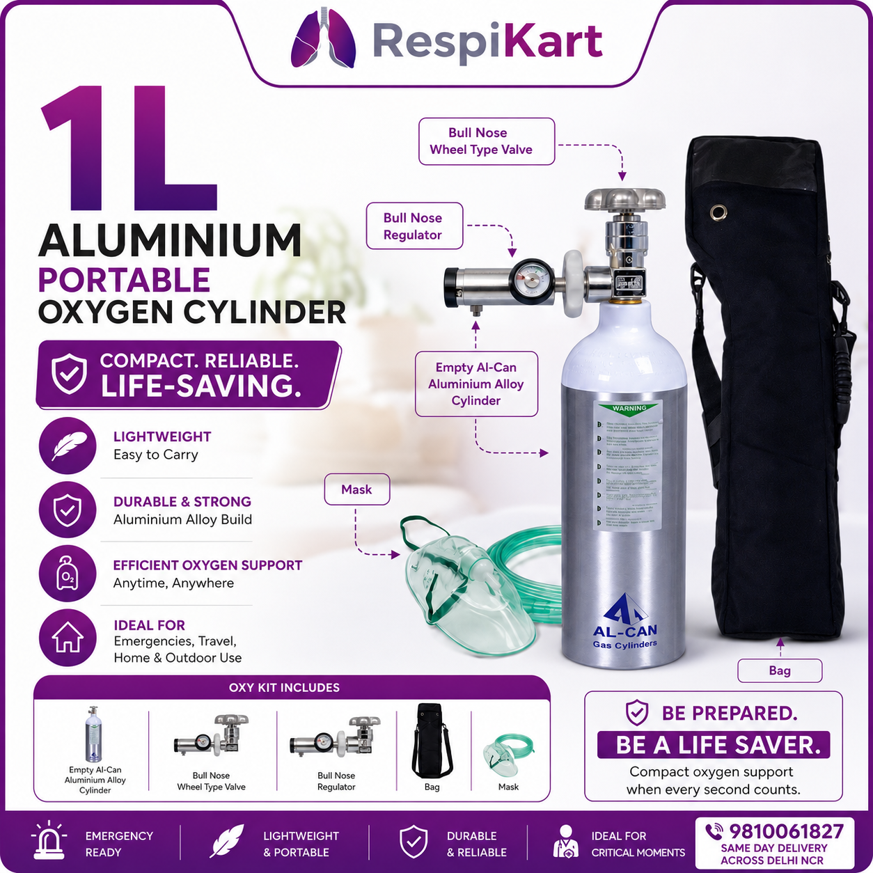 1L Aluminium Portable Oxygen Cylinder (150L capacity) - Image 3