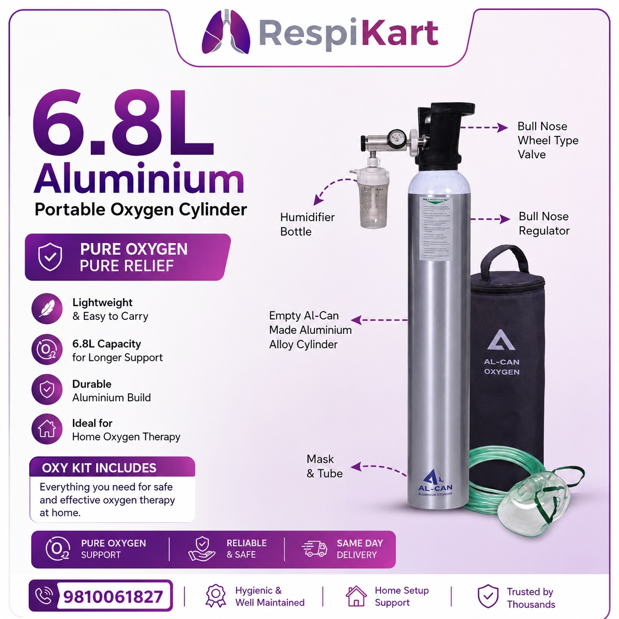 6.8L Aluminium Portable Oxygen Cylinder (1020L capacity) - Image 3