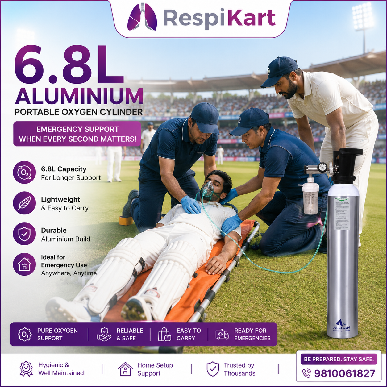 6.8L Aluminium Portable Oxygen Cylinder (1020L capacity) - Image 2