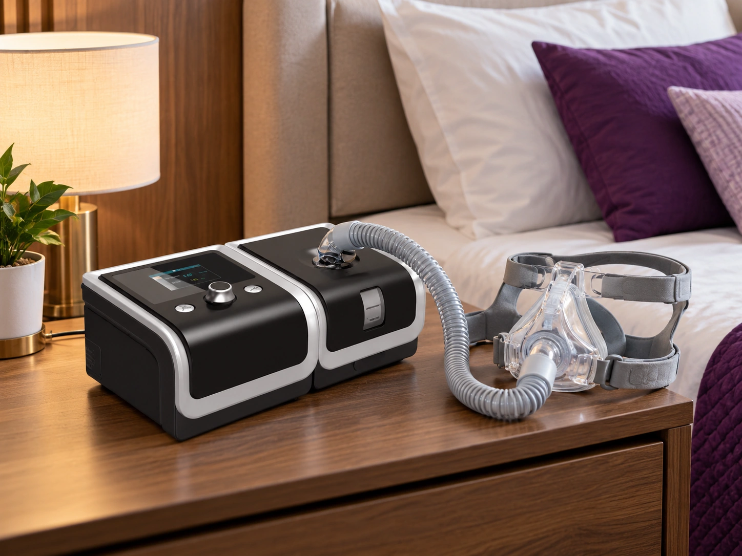 BiPAP machine setup with mask and tubing at home