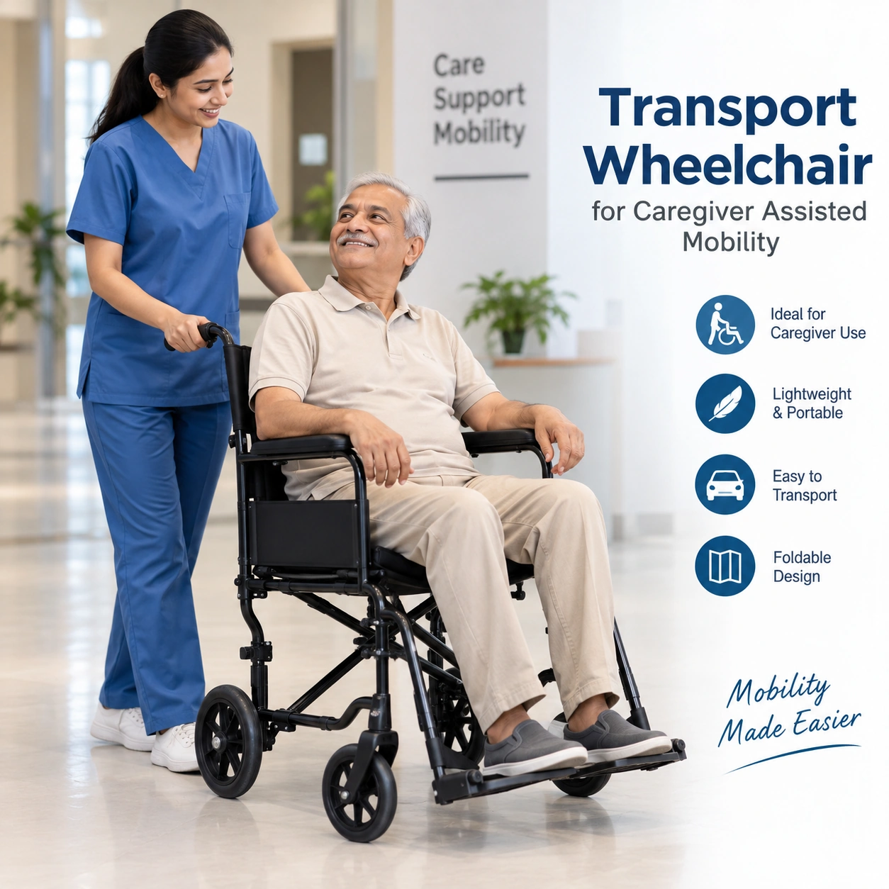 Transport wheelchair for caregiver assisted mobility