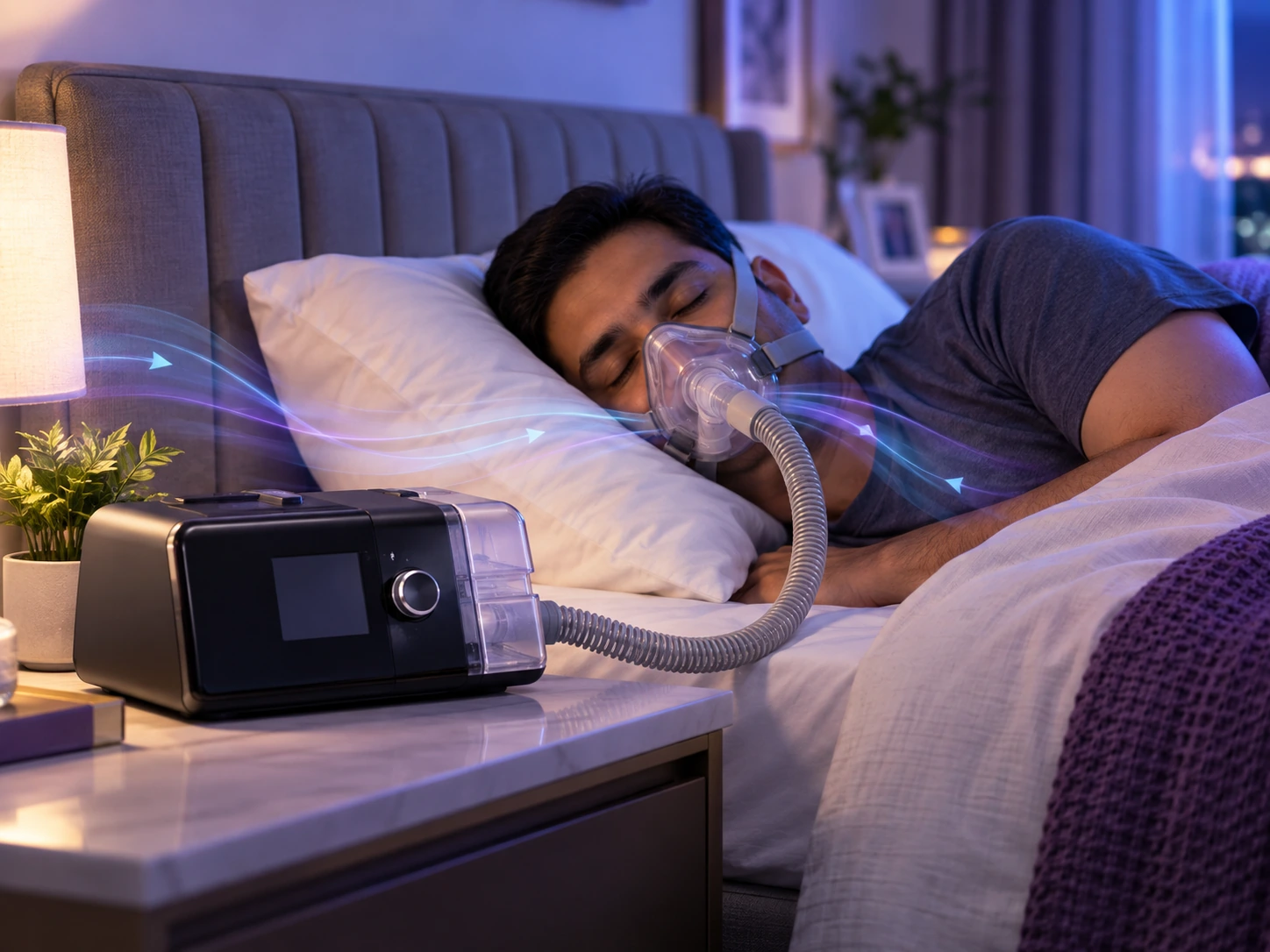 Auto CPAP machine working during sleep apnea therapy