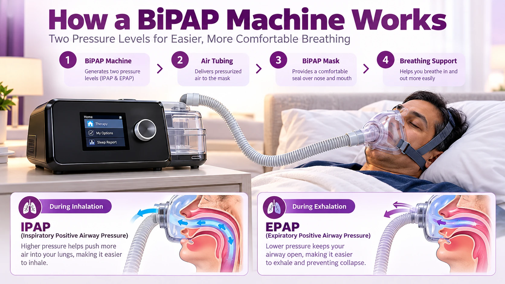 BiPAP machine working with IPAP and EPAP pressure