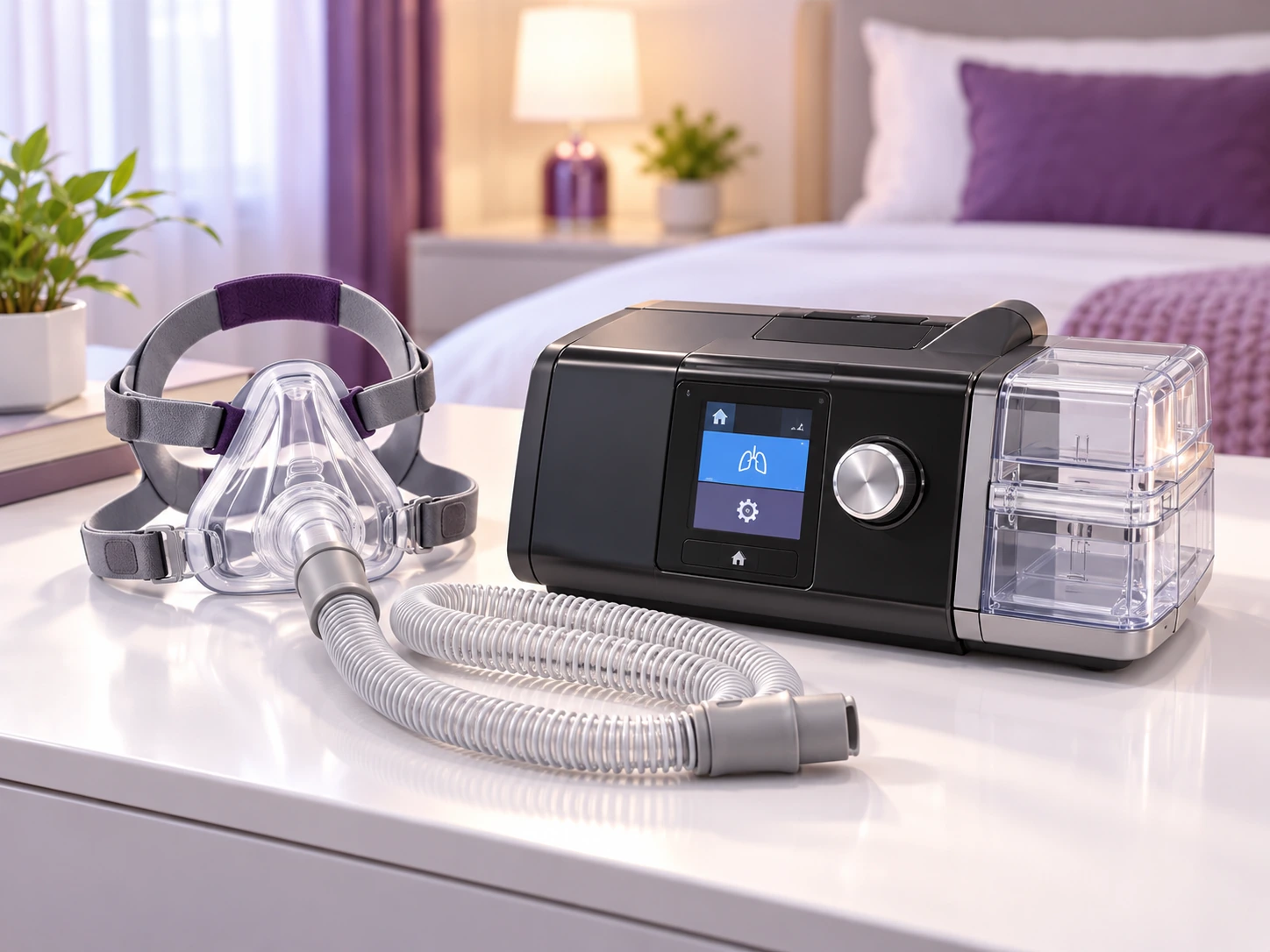 BiPAP machine with full face mask and air tubing