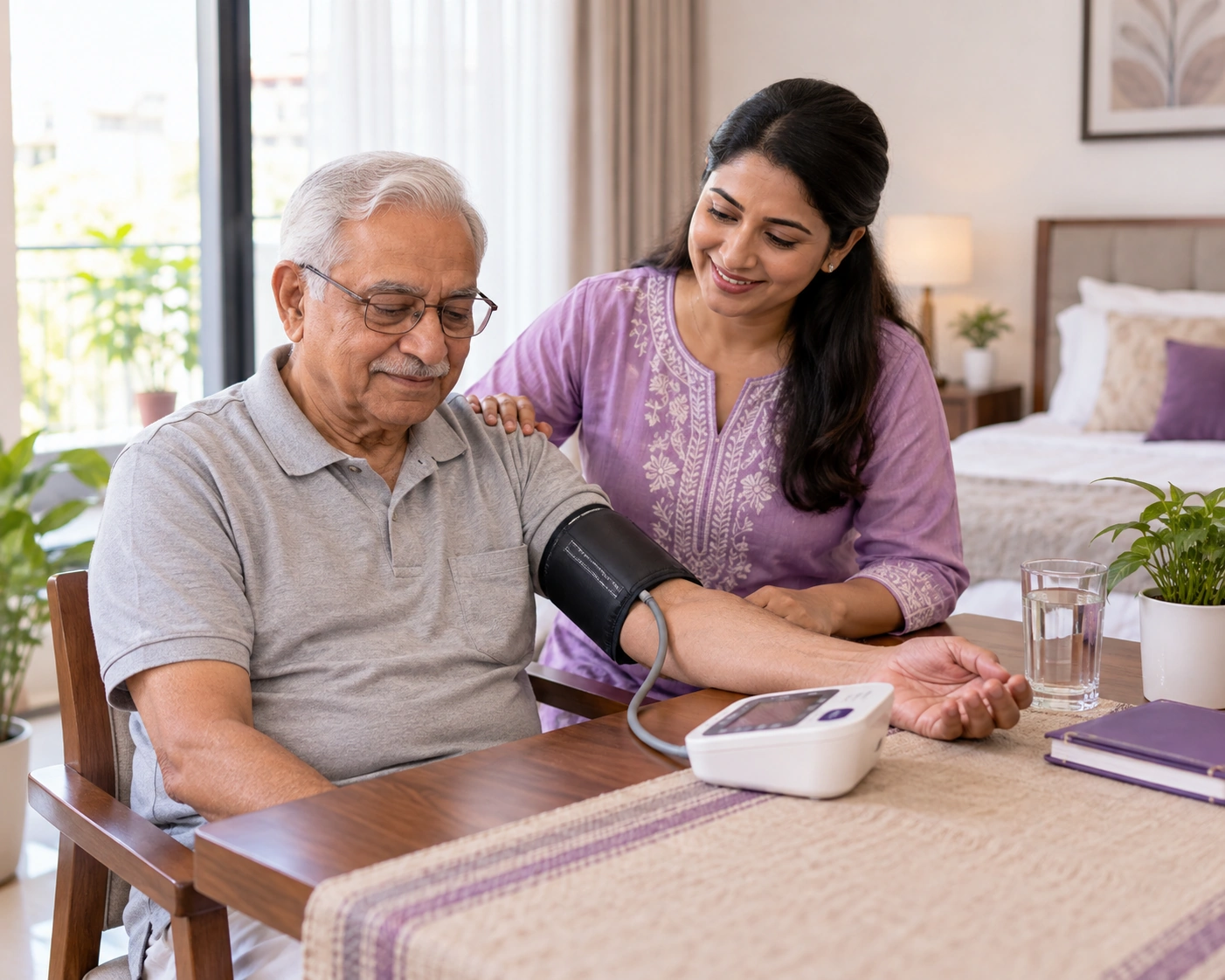 Indian family using a digital blood pressure monitor at home