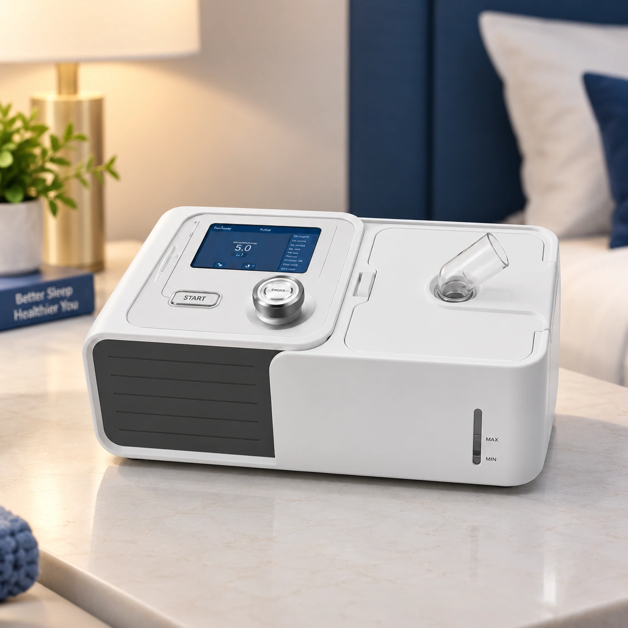 CPAP machine control display showing a modern sleep therapy interface