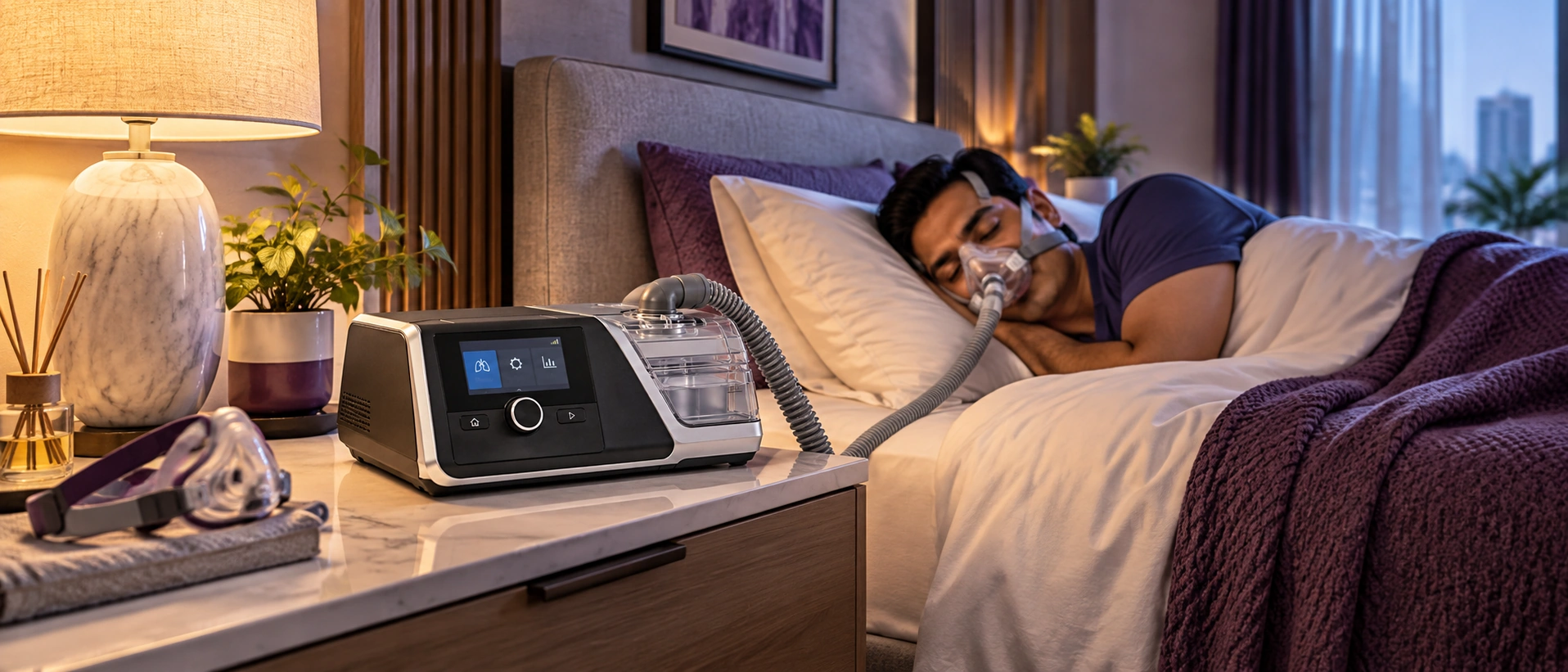 Premium Indian bedroom CPAP therapy setup with Auto CPAP machine