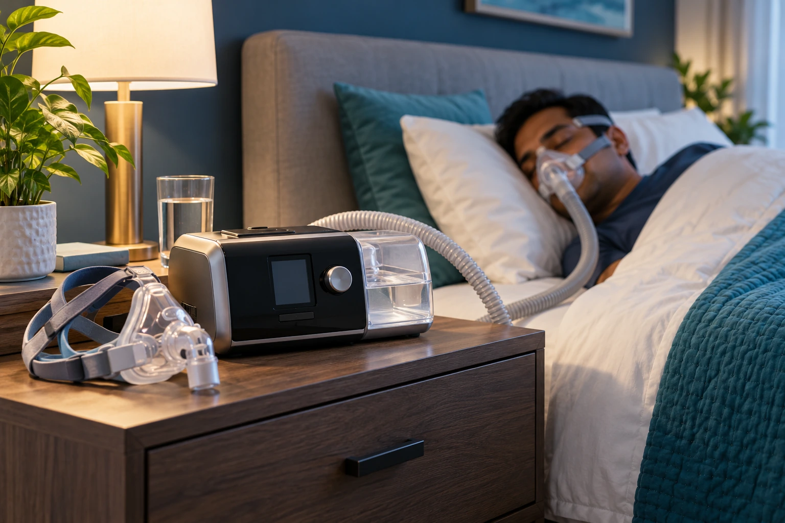 Premium wide editorial photograph of CPAP therapy equipment in a modern Indian bedroom