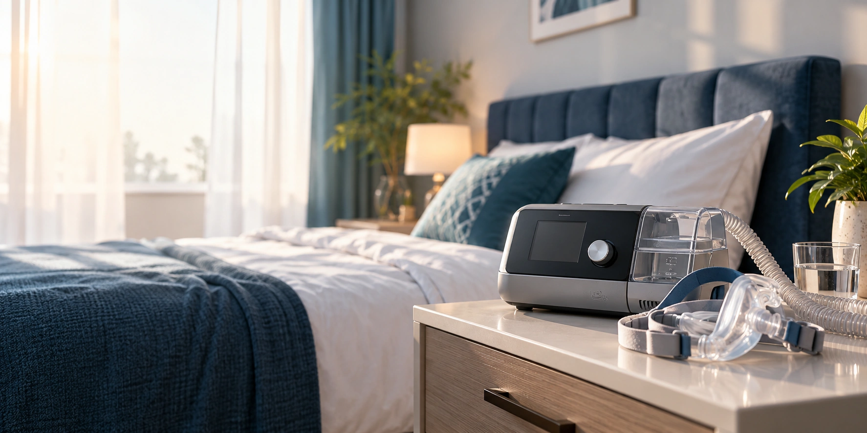 Modern bedroom CPAP therapy setup with automatic CPAP machine and humidifier