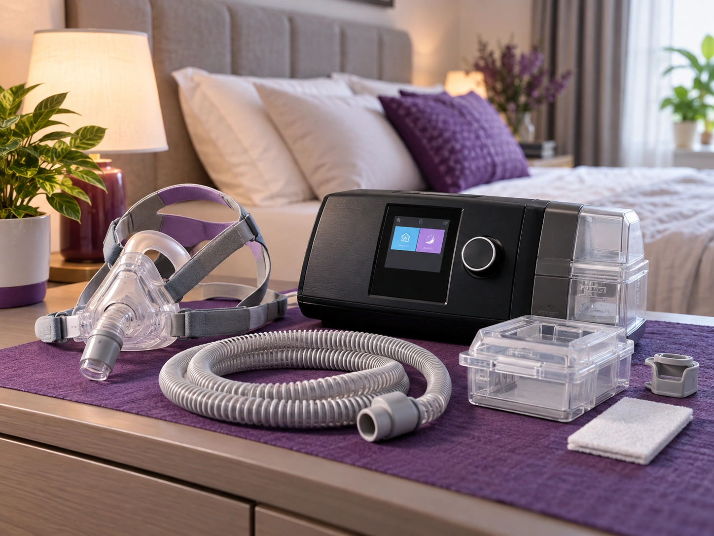 CPAP mask and tubing home therapy setup