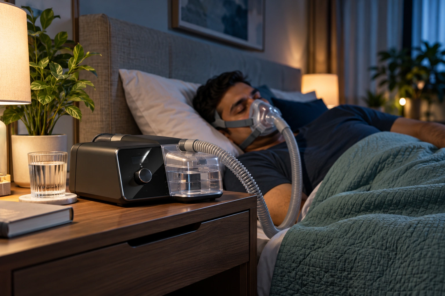 Premium healthcare editorial scene illustrating comfortable CPAP therapy at home