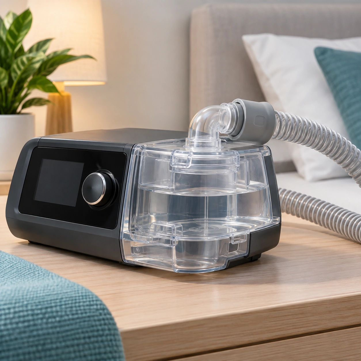 CPAP humidifier chamber and respiratory tubing connection close-up