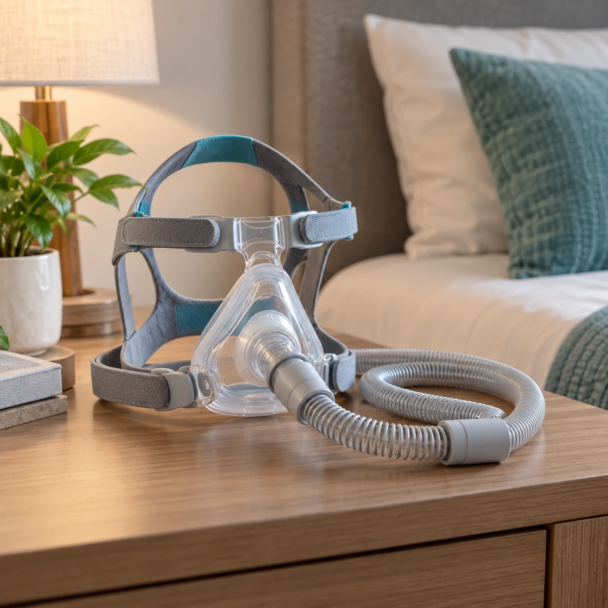 CPAP respiratory tubing connected securely to a therapy mask
