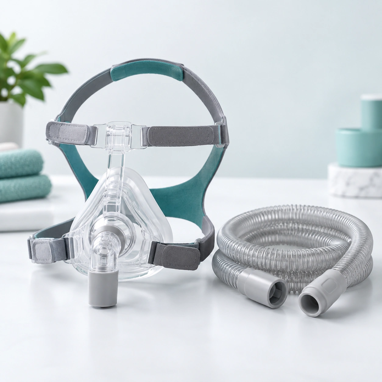 Close-up of CPAP mask cushion and headgear arranged beside therapy equipment