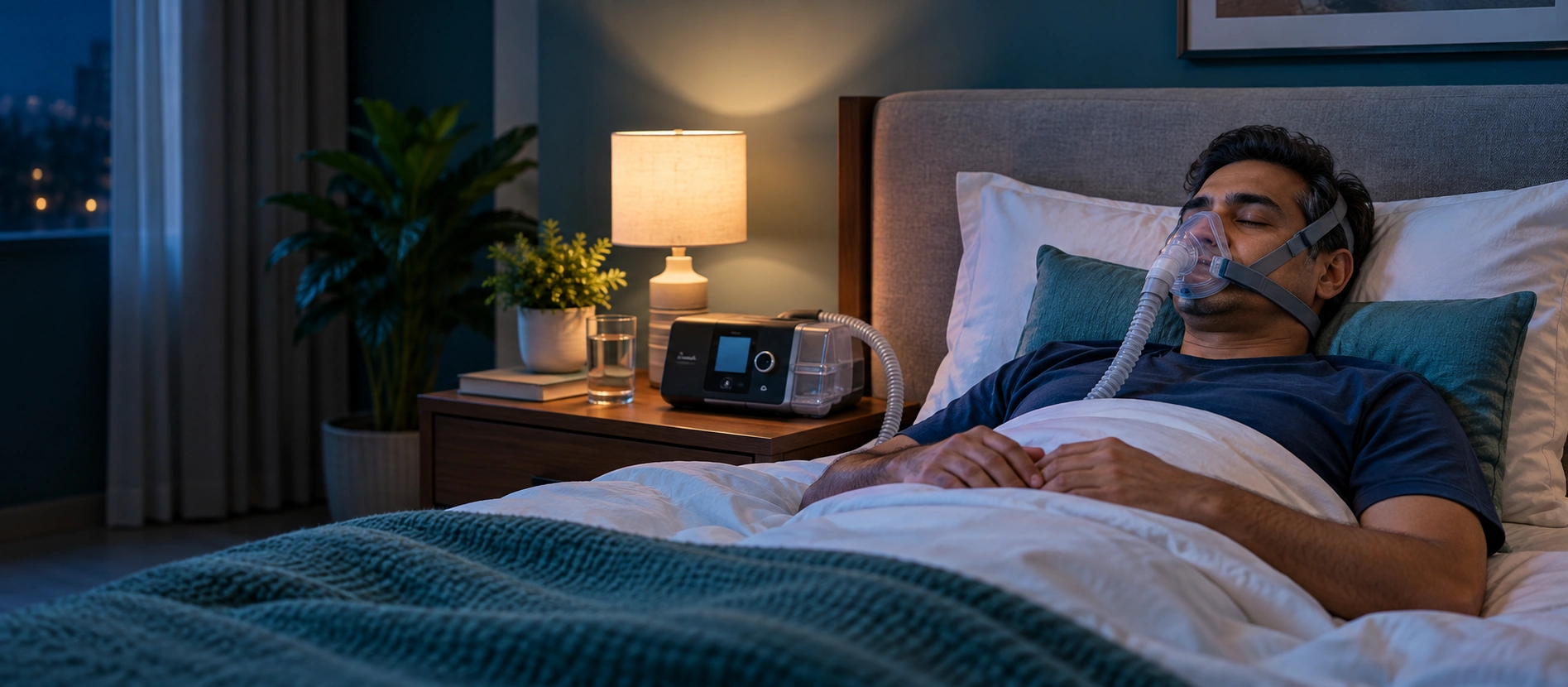Patient using CPAP therapy comfortably in a modern bedroom