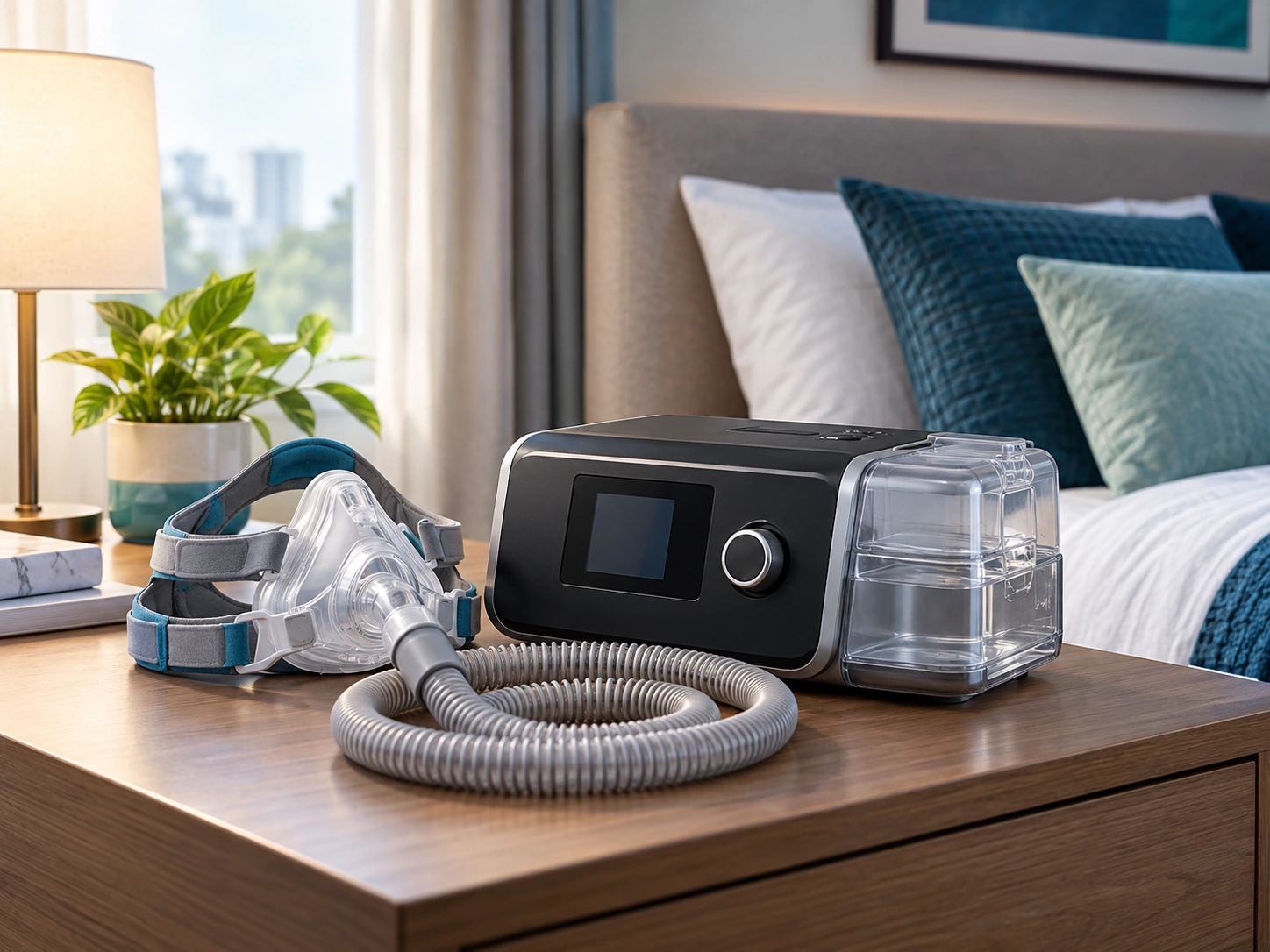 Close-up of CPAP therapy airflow setup with mask and respiratory tubing