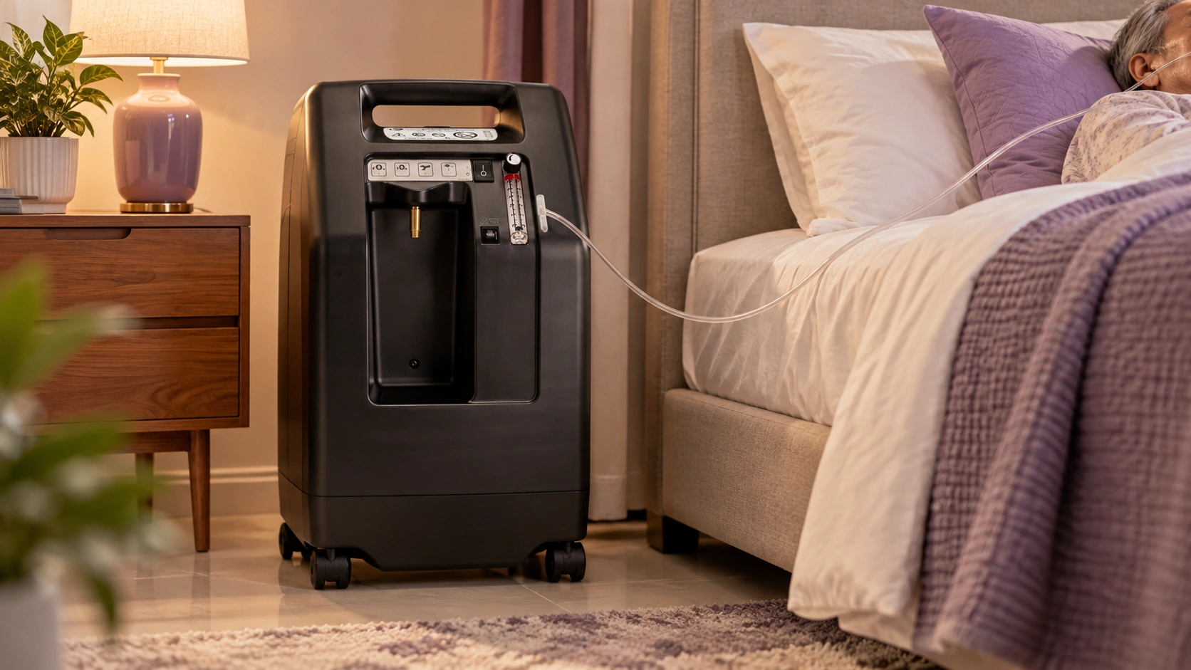 Oxygen concentrator beside patient's bed at home