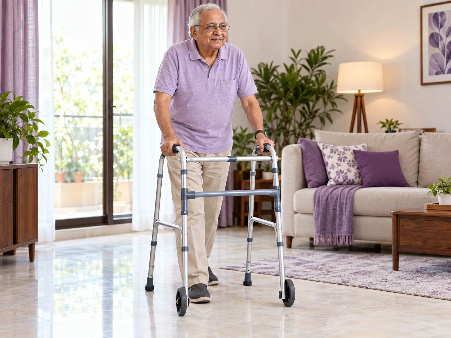 Elderly person using walker at home