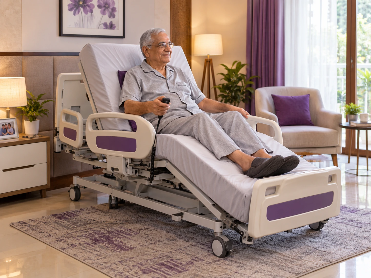 Patient sitting upright on electric recliner bed