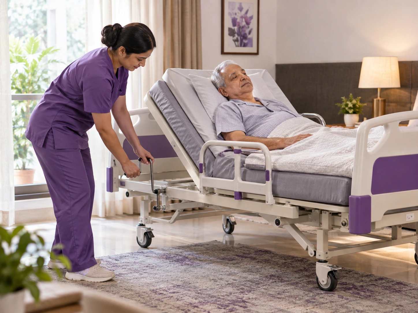 Manual recliner bed being adjusted for home patient care