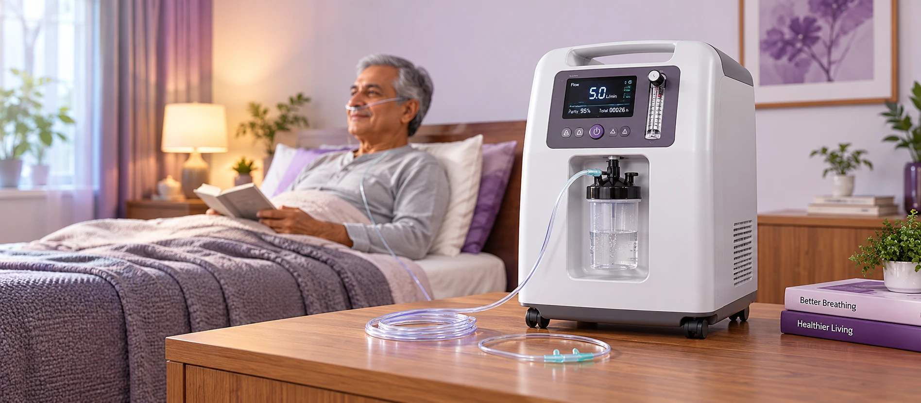 Oxygen concentrator home setup with tubing and humidifier