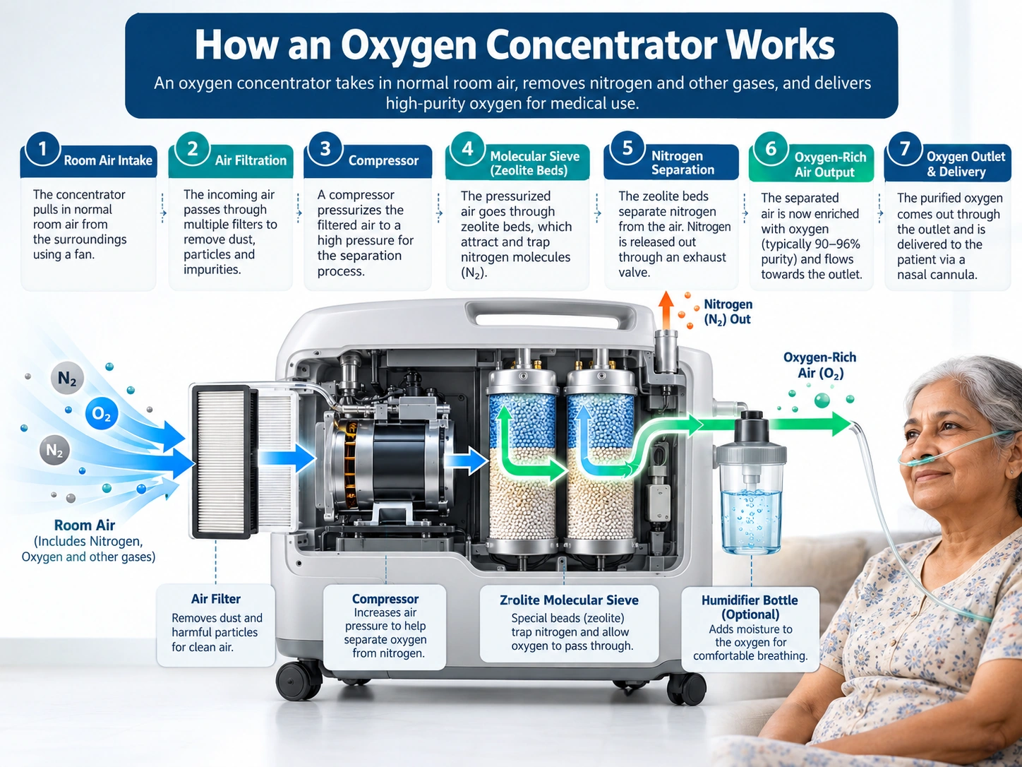 How an oxygen concentrator works using pressure swing adsorption