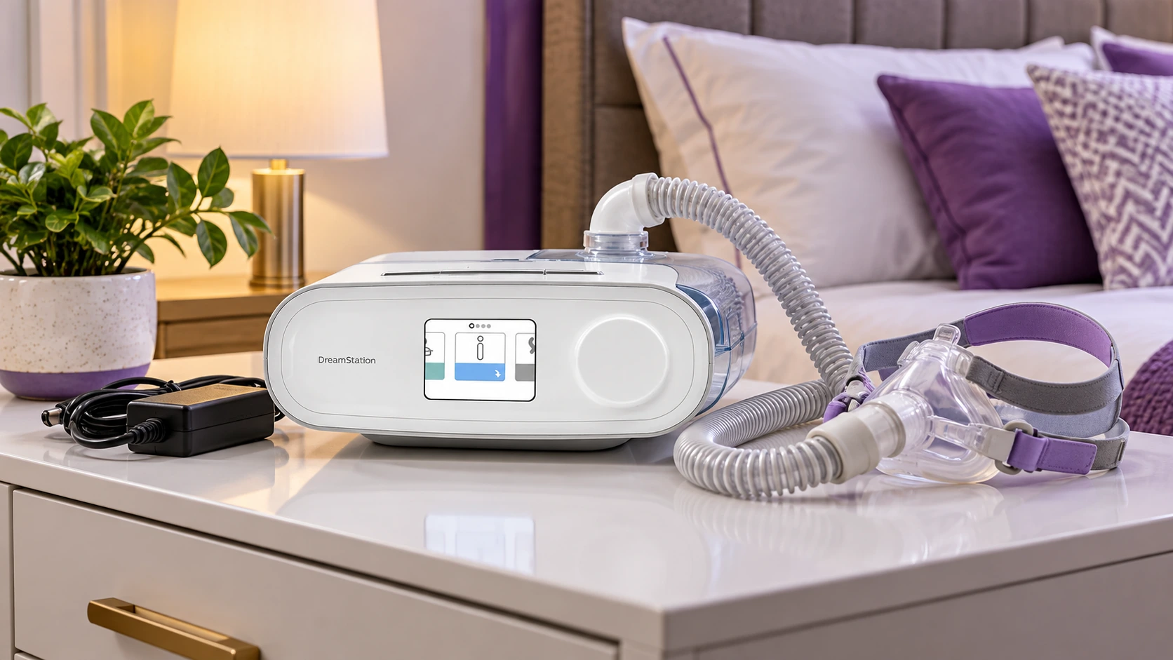 CPAP mask tubing and DreamStation therapy setup