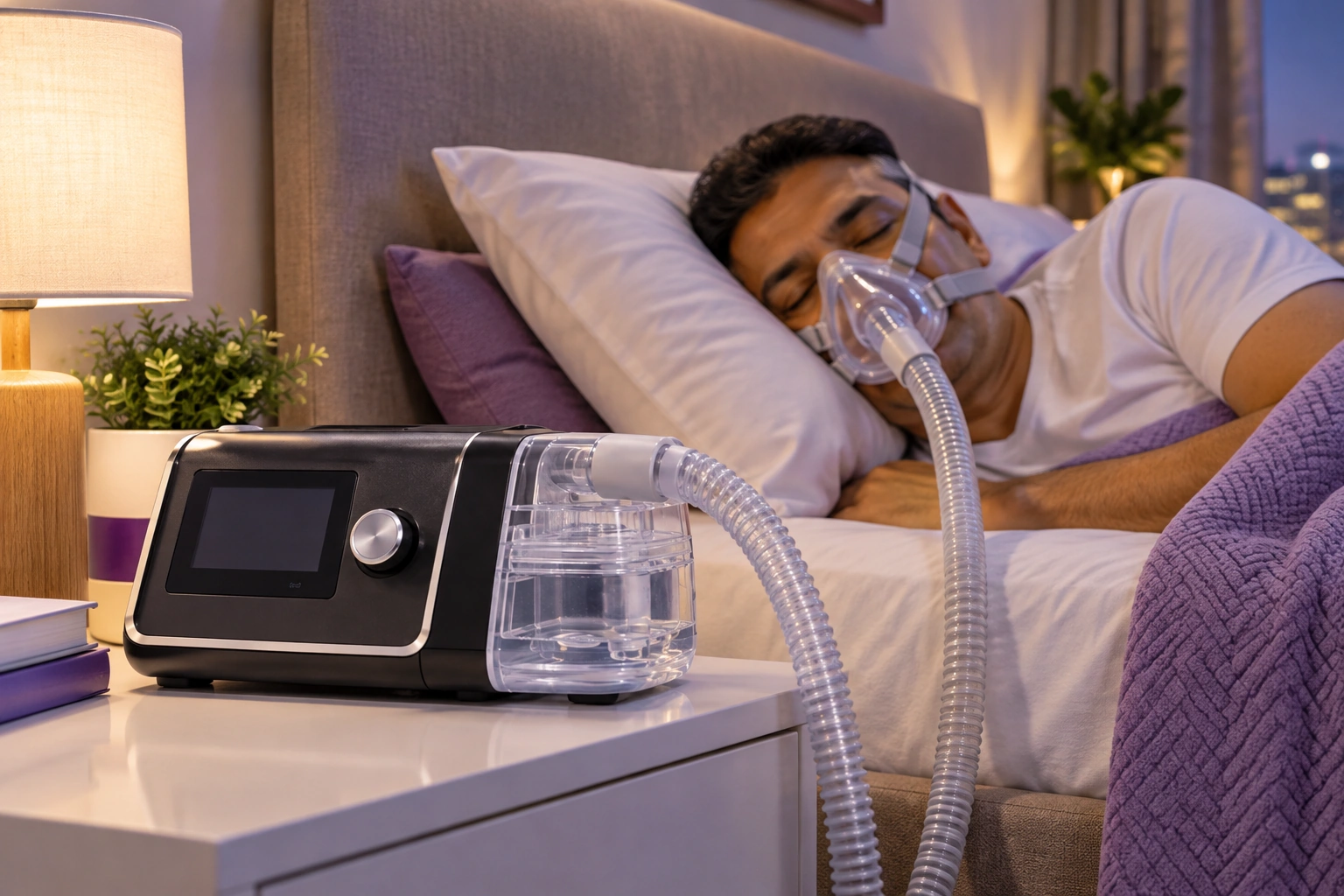 CPAP humidifier setup in bedroom during dry weather