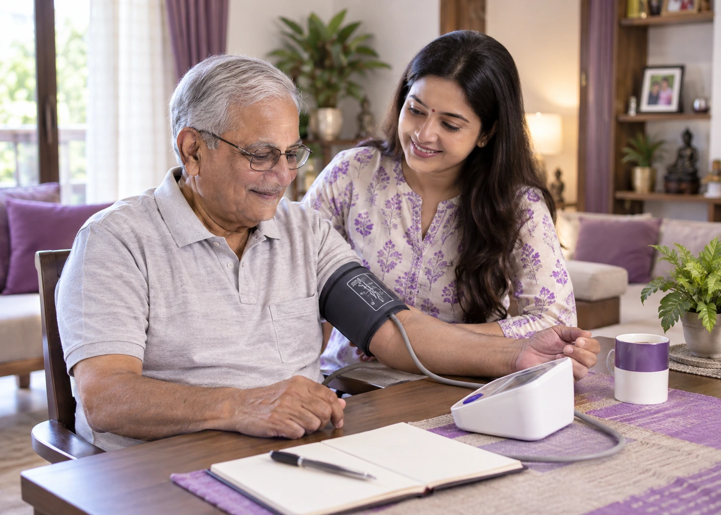 Elderly person using Omron blood pressure monitor