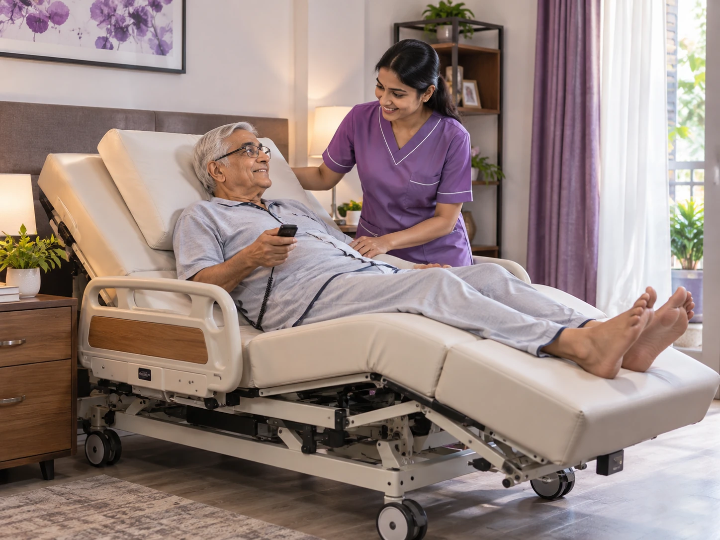 Caregiver assisting patient on electric recliner bed