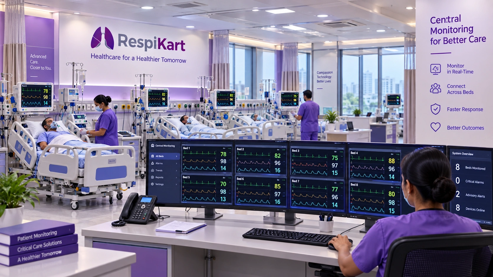 Central patient monitoring station connected to bedside monitors in ICU