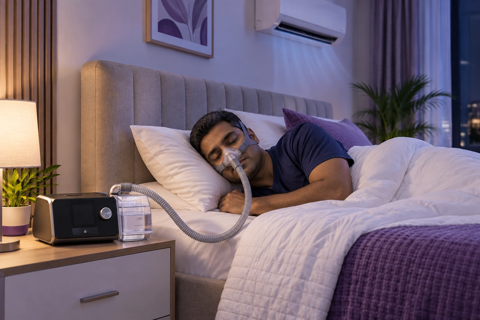 CPAP user sleeping in air conditioned bedroom