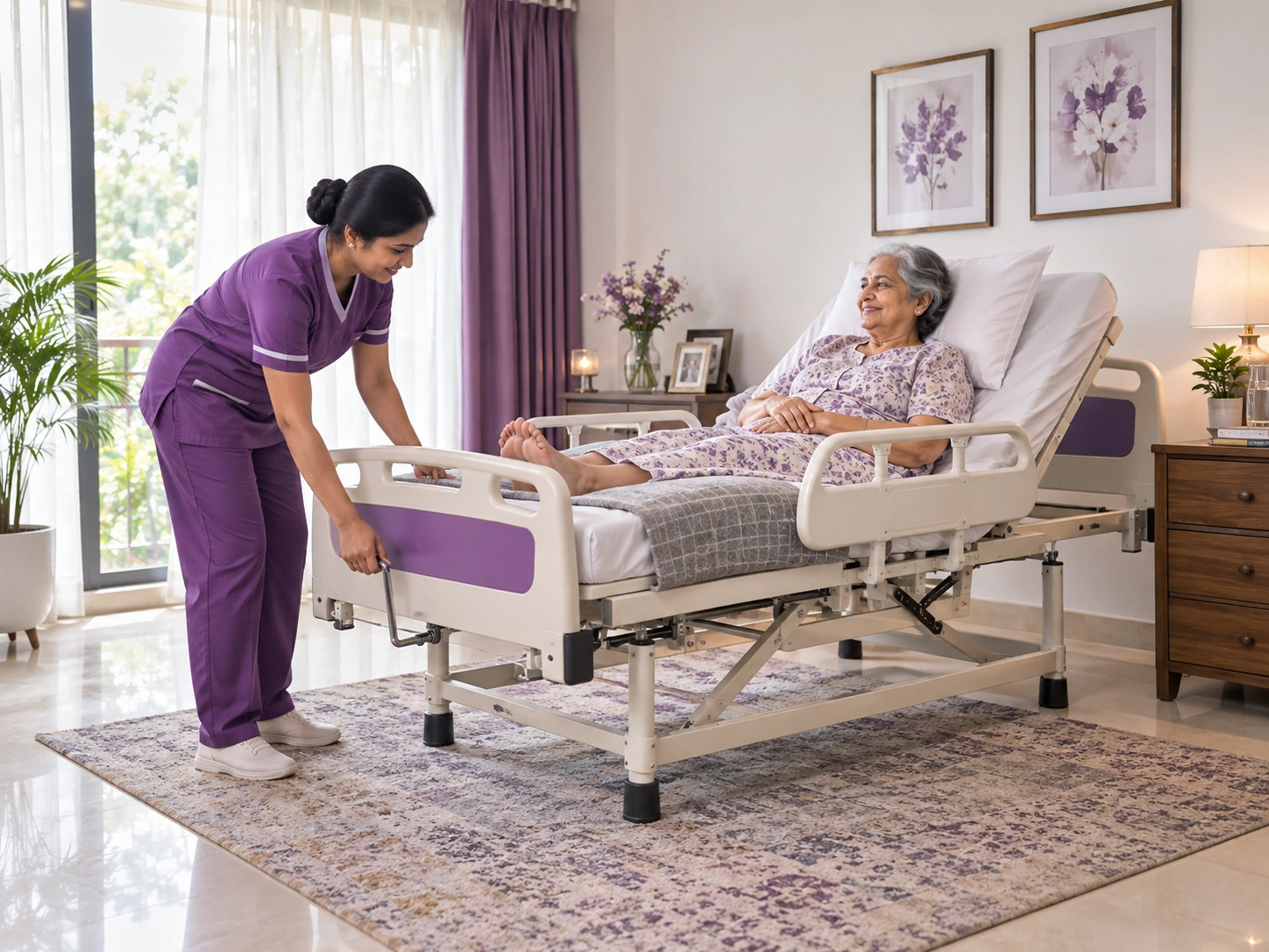 Caregiver adjusting manual recliner bed