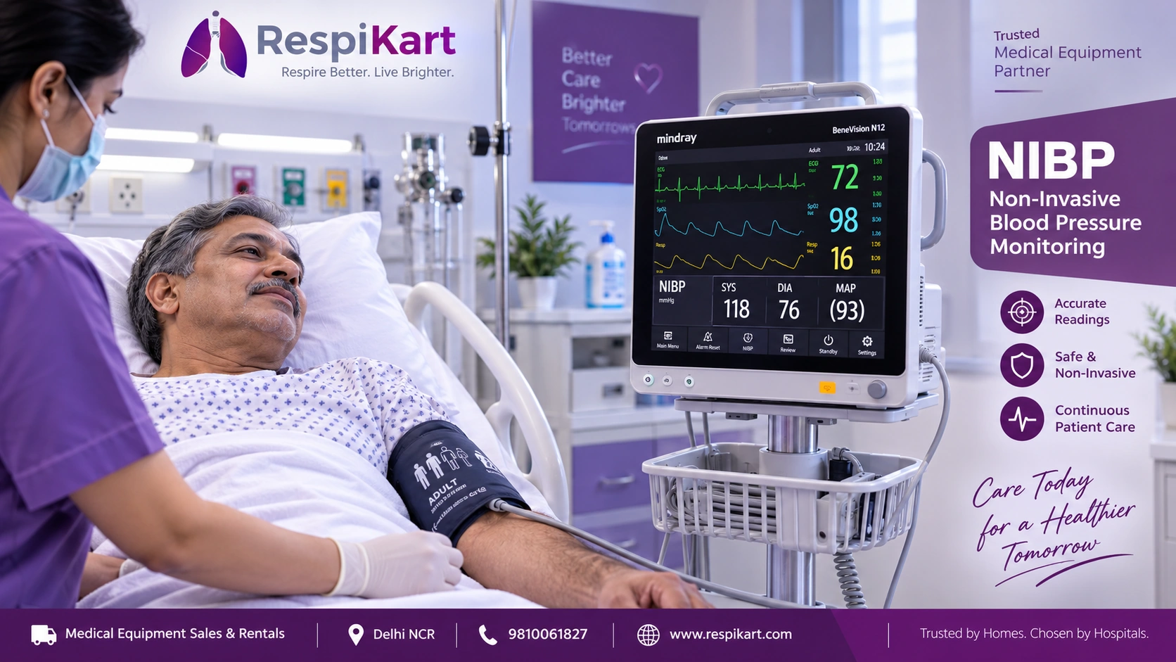 NIBP blood pressure cuff connected to multiparameter patient monitor
