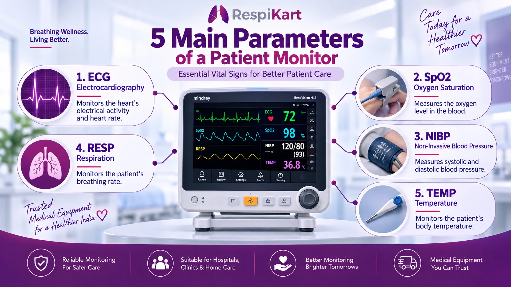 ECG SpO2 NIBP respiration and temperature patient monitoring parameters