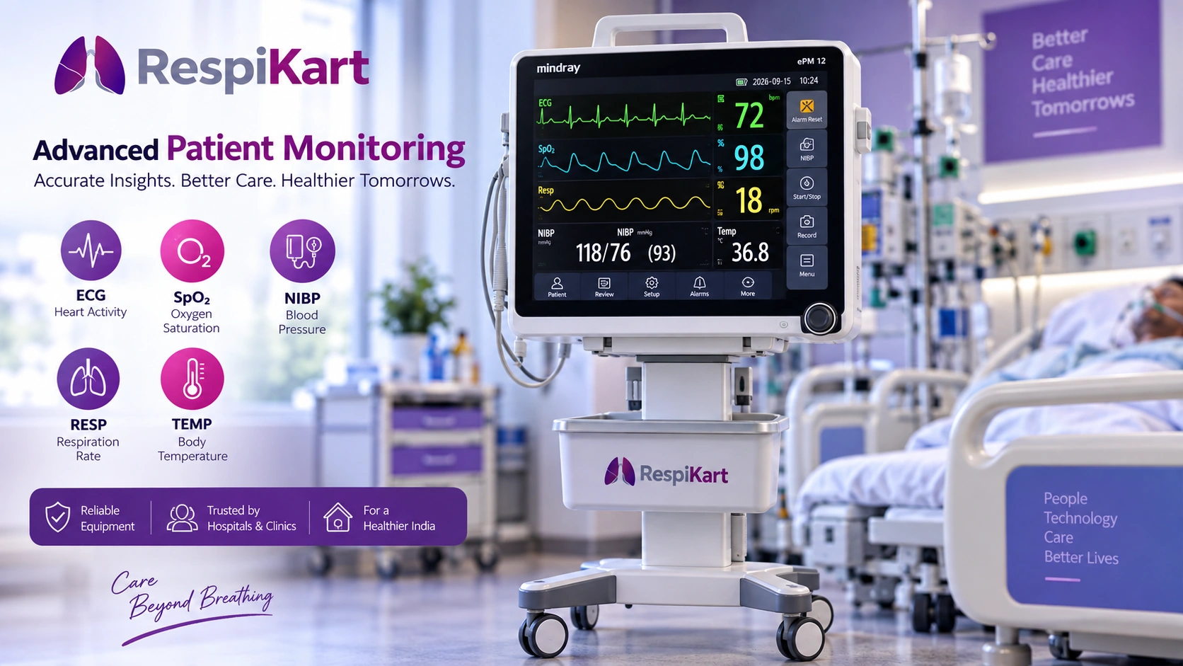 Multiparameter patient monitor showing ECG SpO2 NIBP respiration and temperature