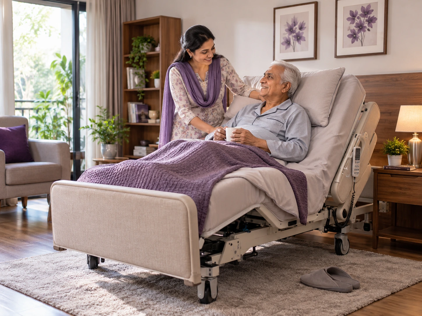 Elderly patient using adjustable recliner bed at home