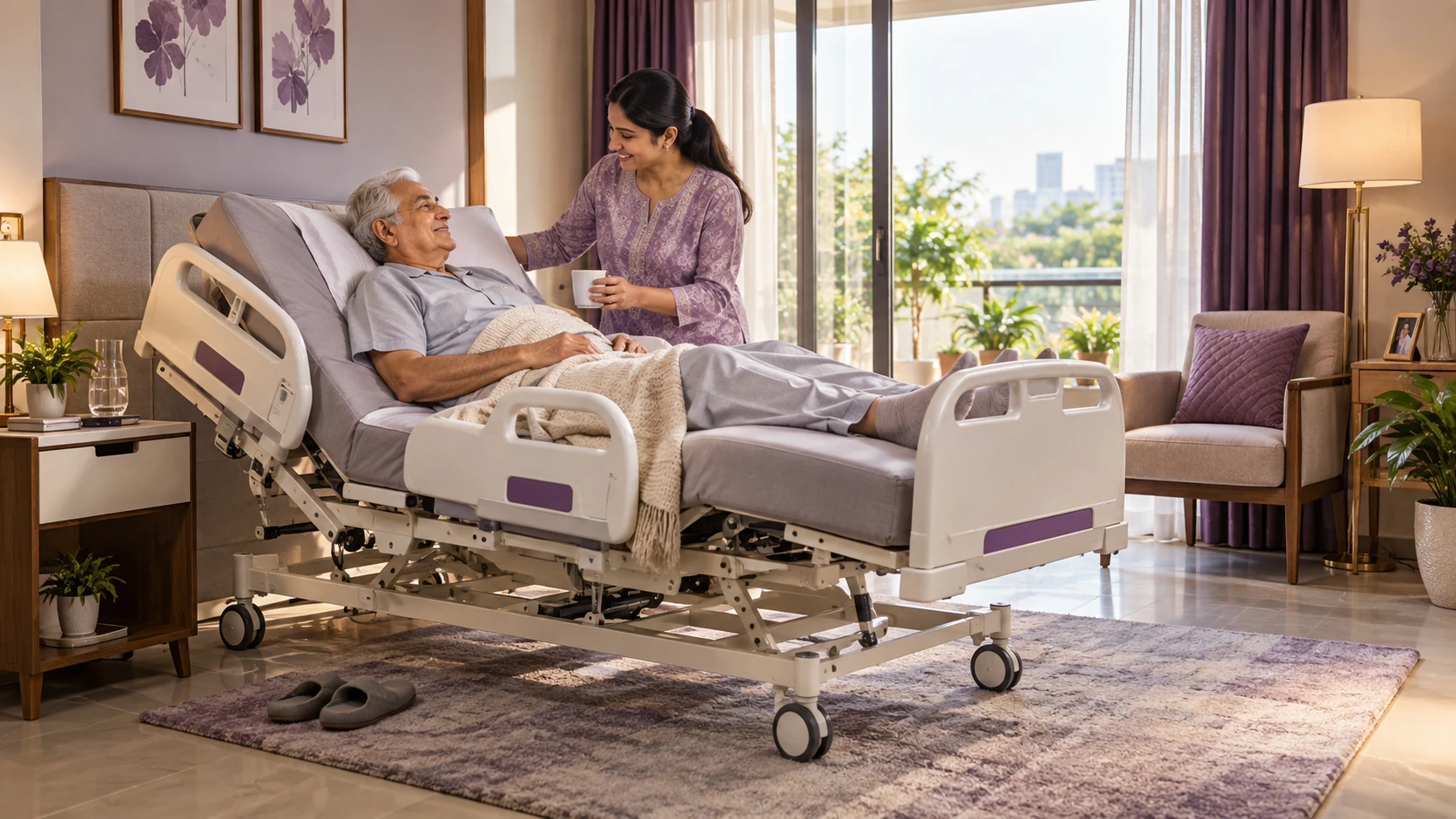 Caregiver helping elderly patient with recliner bed at home