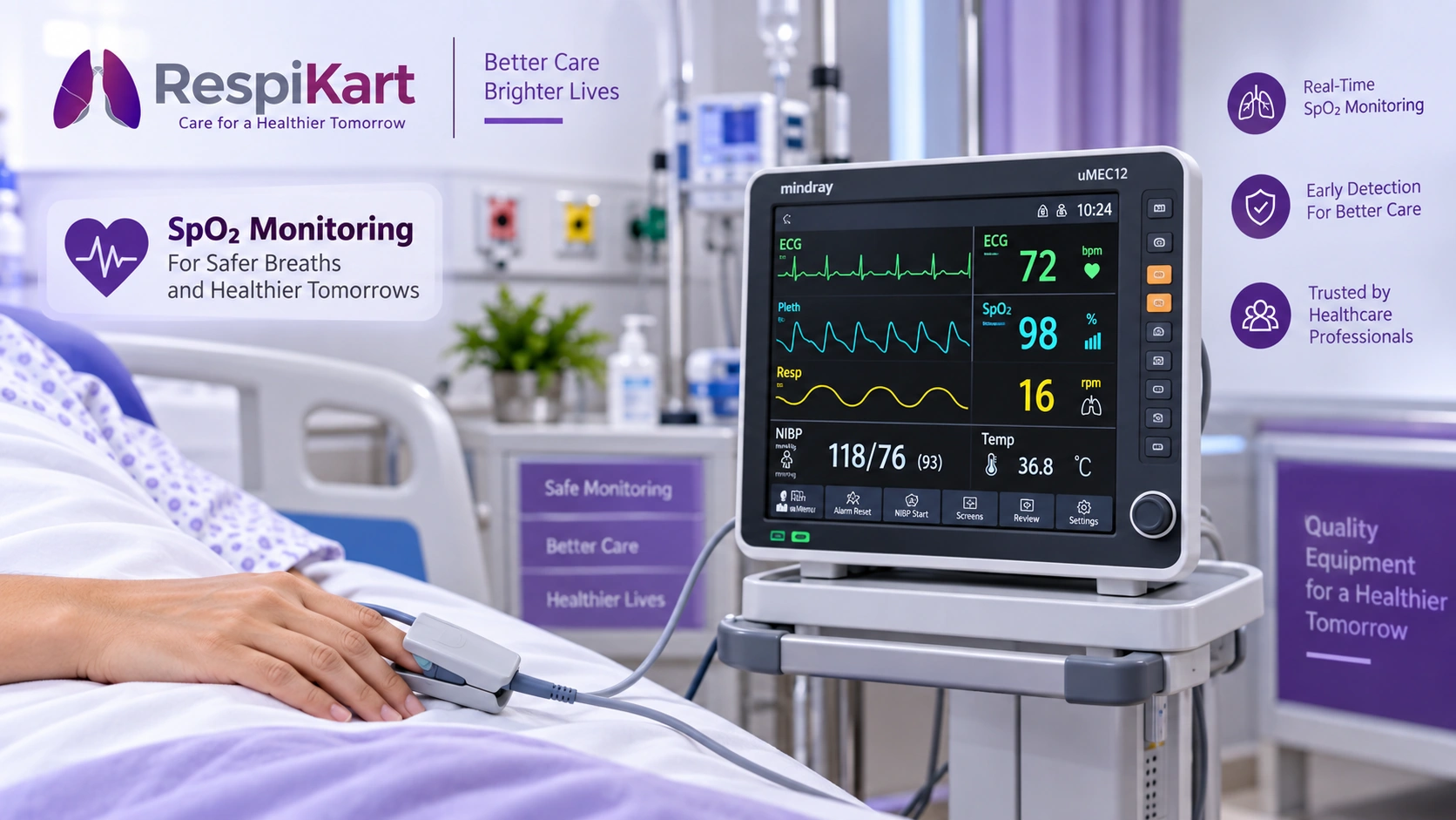 SpO2 pulse oximetry sensor connected to patient monitor